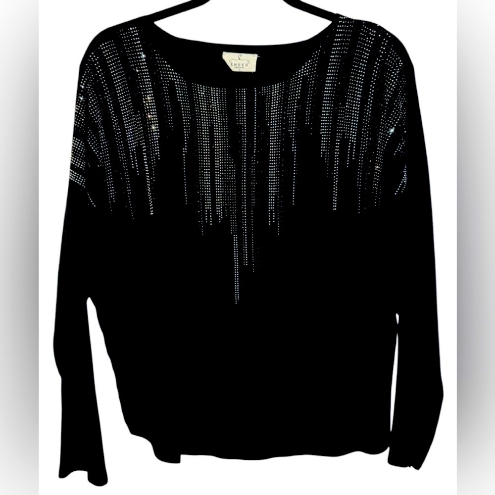 Ember Black Rhinestone Embellished Knit Sweater with Batwing Sleeves ~ L ~